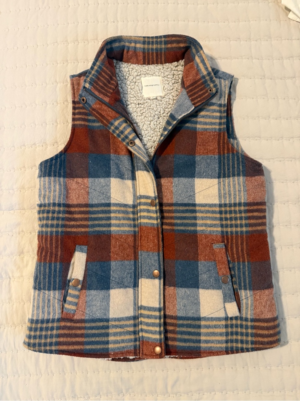Thread & Supply Plaid Sherpa-Lined Vest in Blue & Rust. Small